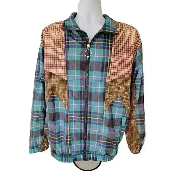 Urban Outfitters Track Jacket/ Mixed Plaid Nylon/ Zip Front/ Lined/ Men's Size M - Picture 1 of 9